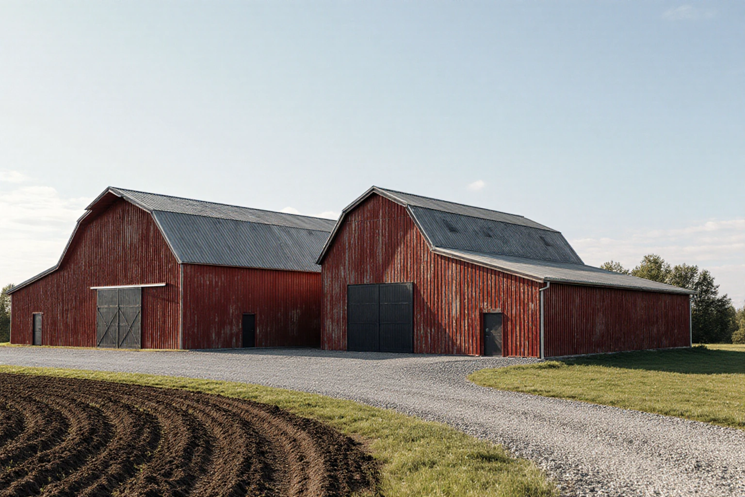 Red timber farm buildings beside a gravel yard, an access road and a cultivated field