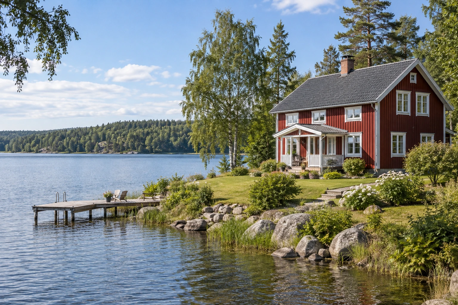 Red Swedish timber house beside a lake with a low wooded shore