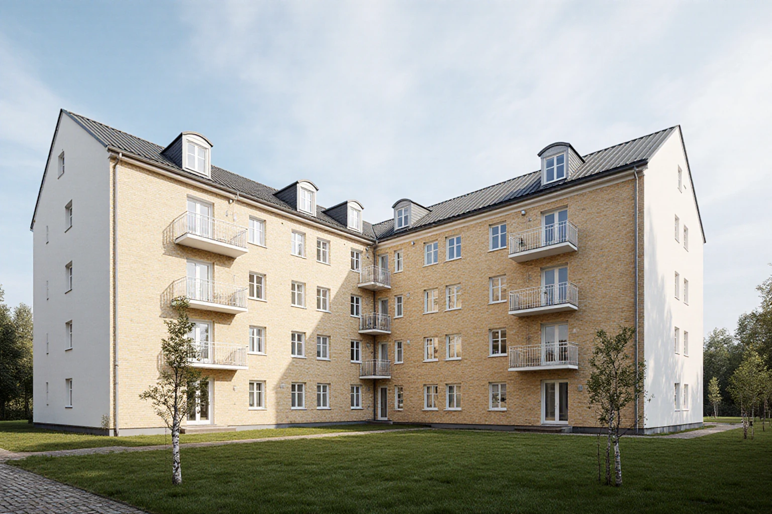 Residential buildings with pale brick and plaster facades around a courtyard
